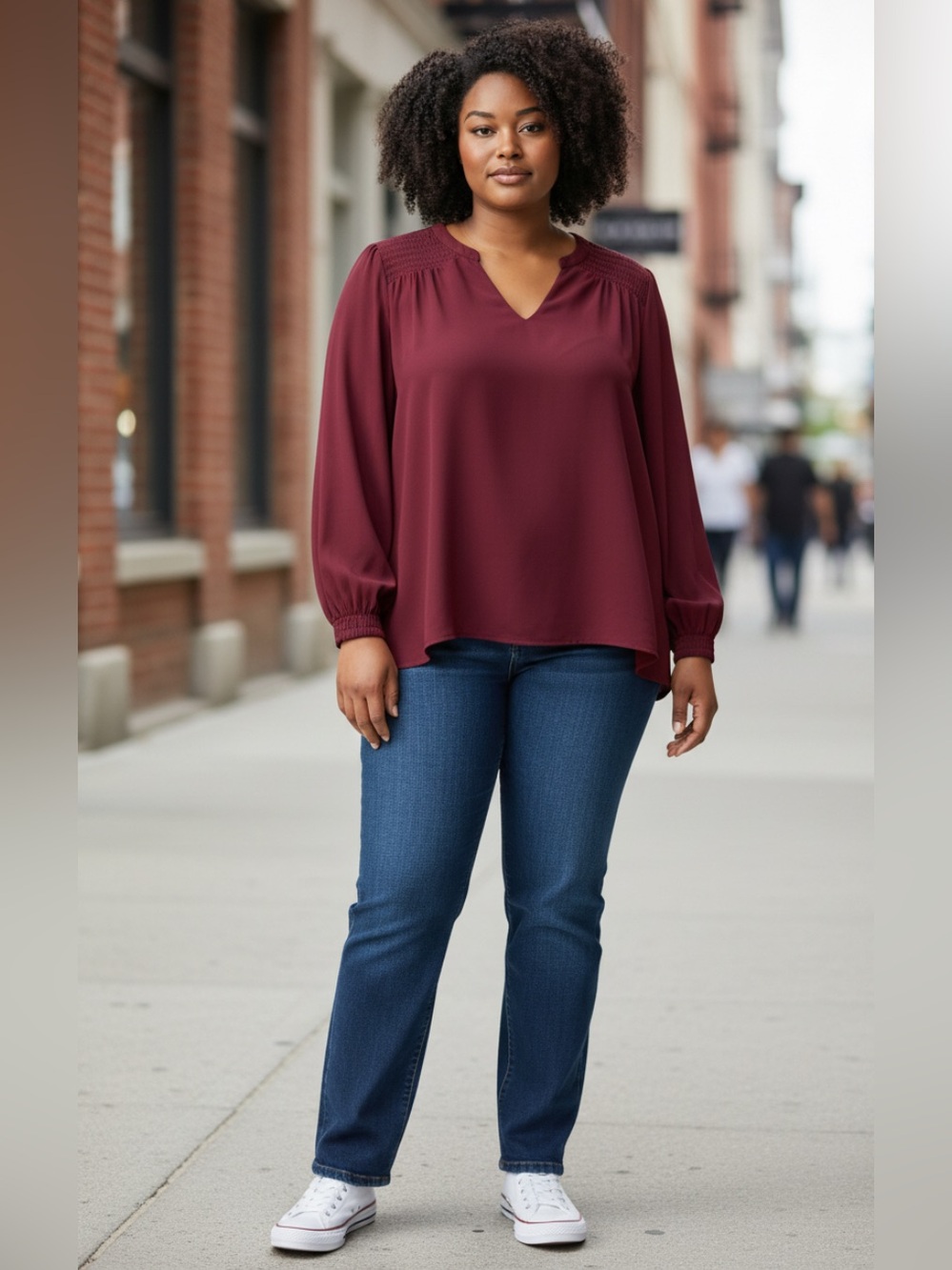 Ava & Viv Burgundy V-Neck Smocked Blouse with Cuffs - size X/XL (16)